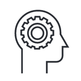 Icon showing a cog as a human brain representing Analytics